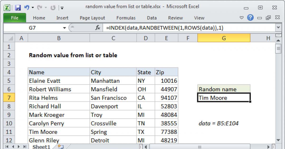 Random value from list or table Excel formula Exceljet